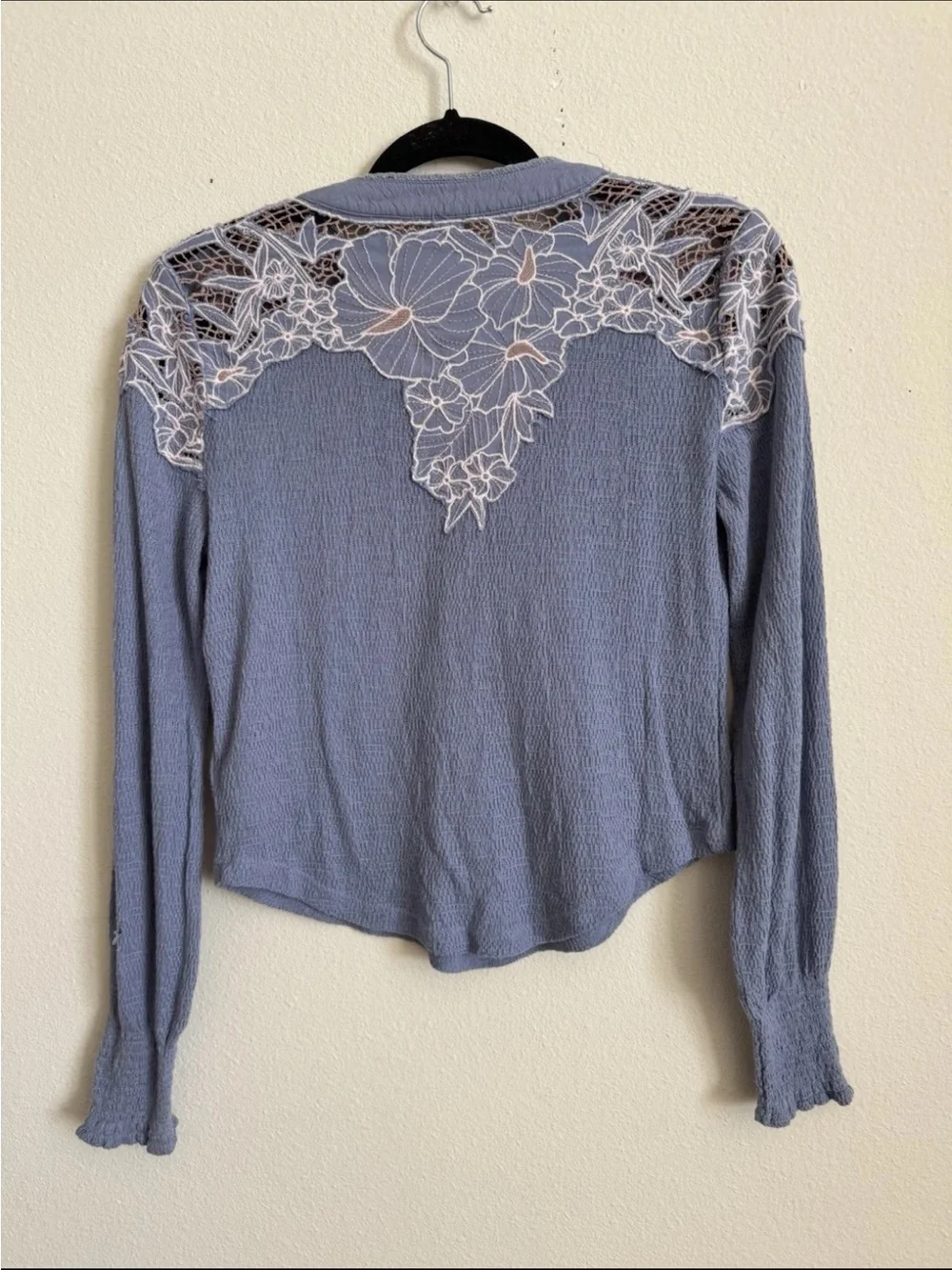 Free People Blue Embroidered Floral Henley Long Sleeve Top XS